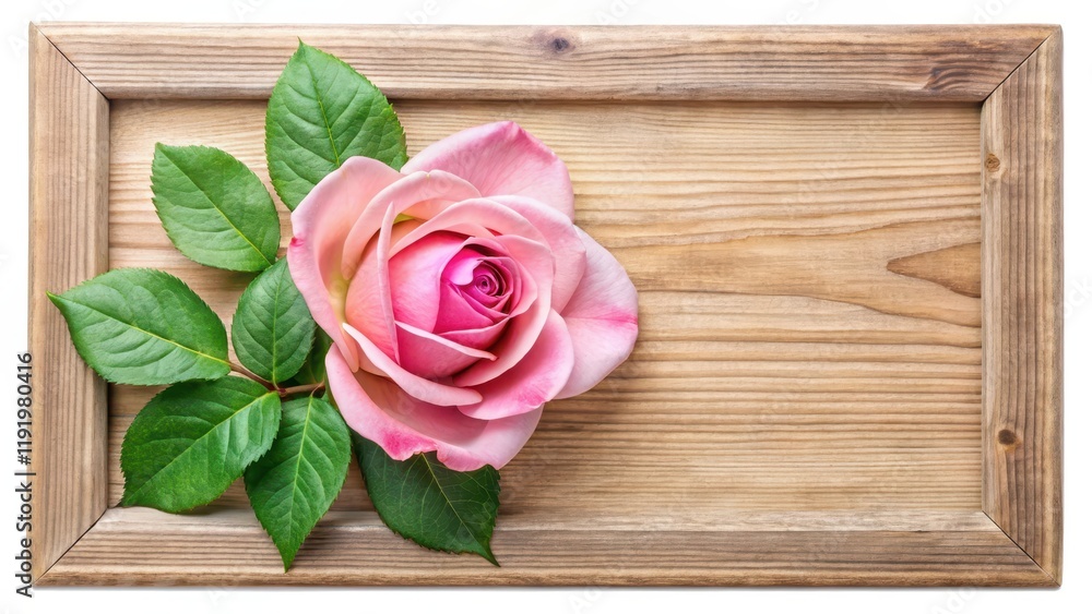 A delicate rose flower with vibrant pink petals and lush green leaves framed in a elegant wooden border, set against a soft white background , flower, decoration A delicate rose flower with vibrant pink petals and lush green leaves framed in a elegant wooden border, set against a soft white background , flower, decoration
