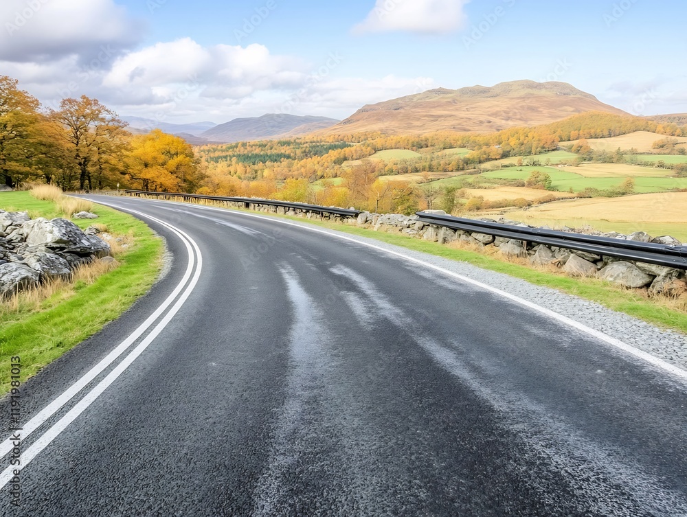 Serene autumn road curves gently through vibrant hills bathed in soft sunlight. AI Generated Serene autumn road curves gently through vibrant hills bathed in soft sunlight. AI Generated