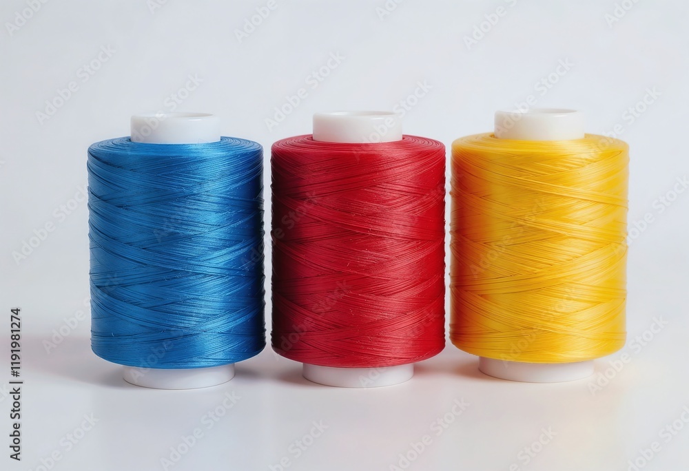 Three spools of thread in vibrant blue, red, and yellow against a neutral background. Three spools of thread in vibrant blue, red, and yellow against a neutral background.