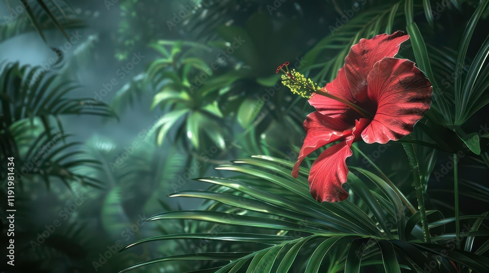 A vibrant red hibiscus flower amidst lush green tropical foliage. A vibrant red hibiscus flower amidst lush green tropical foliage.