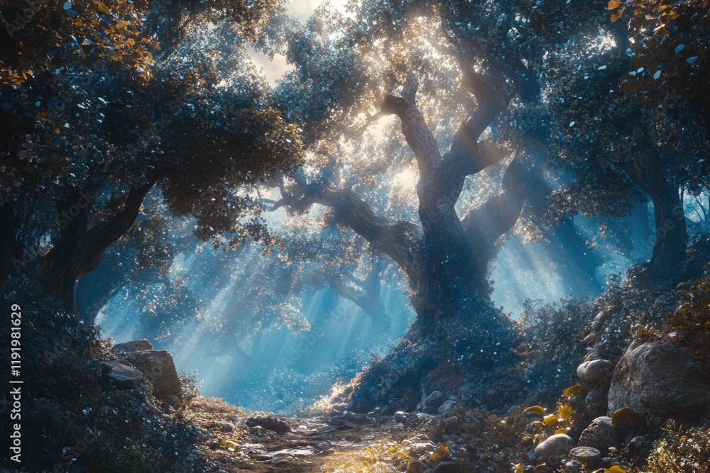 Obraz premium Sunlight filters through forest trees