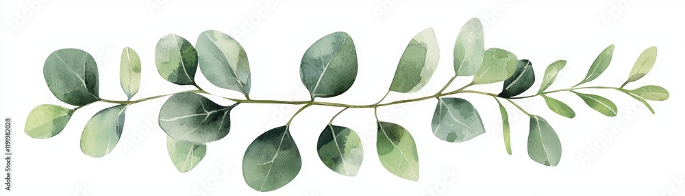 Fototapeta premium Serene Watercolor Eucalyptus Branch Clipart - Homeopathic Ingredient Symbol, Green Tones on White Background