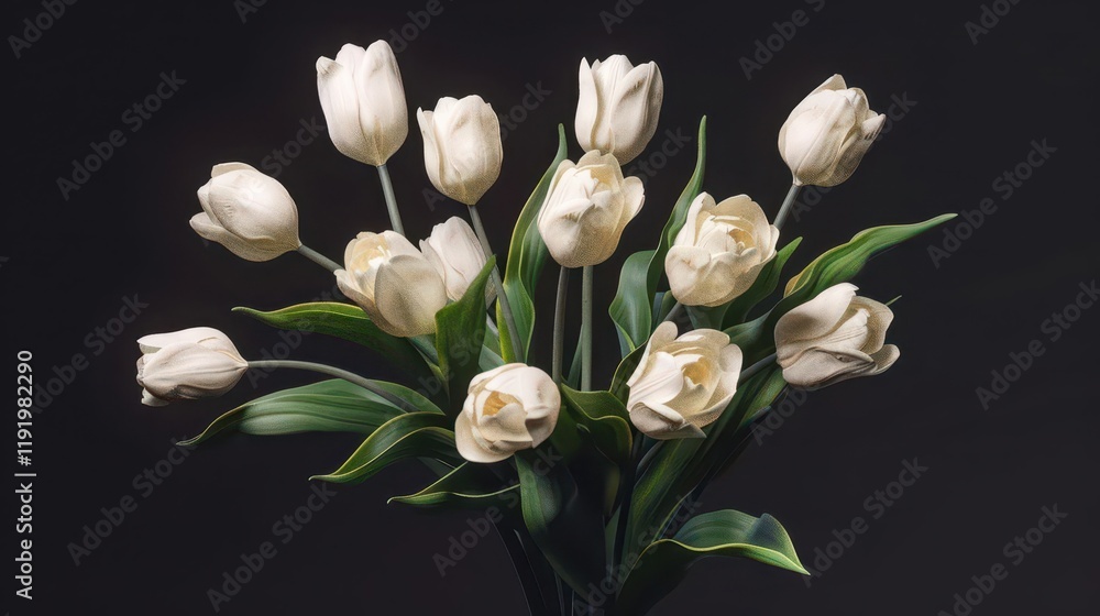 A bouquet of elegant white tulips with green leaves against a dark background. A bouquet of elegant white tulips with green leaves against a dark background.