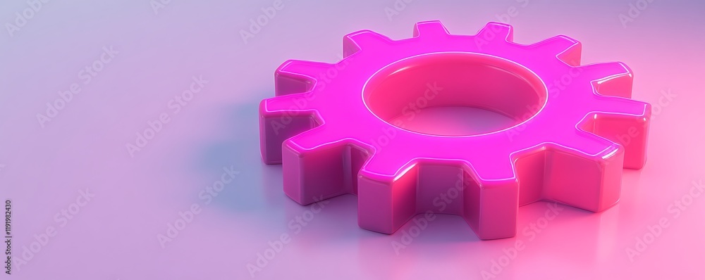 A glowing neon pink gear with a smooth finish, isolated on a clean white surface A glowing neon pink gear with a smooth finish, isolated on a clean white surface