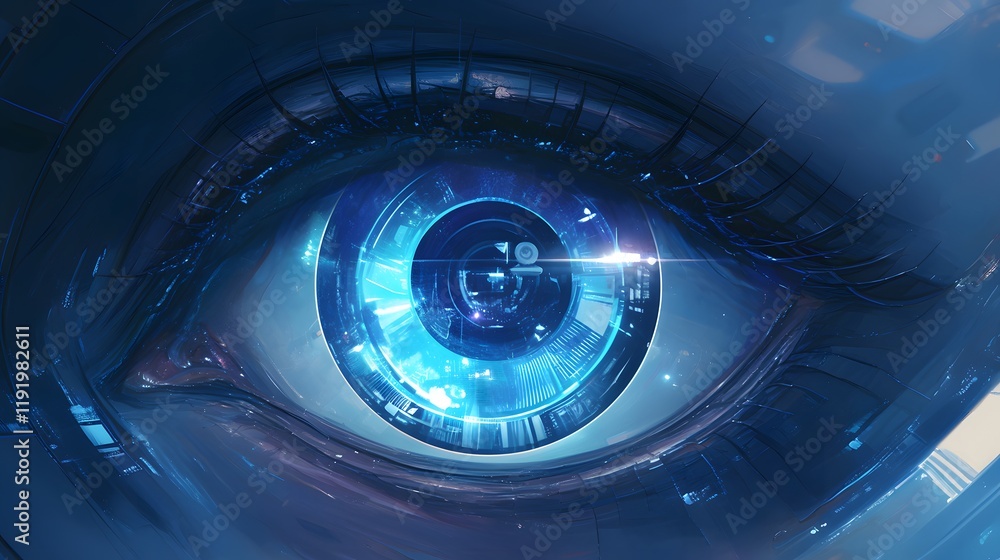 Futuristic robot eye glowing on a transparent surface Futuristic robot eye glowing on a transparent surface