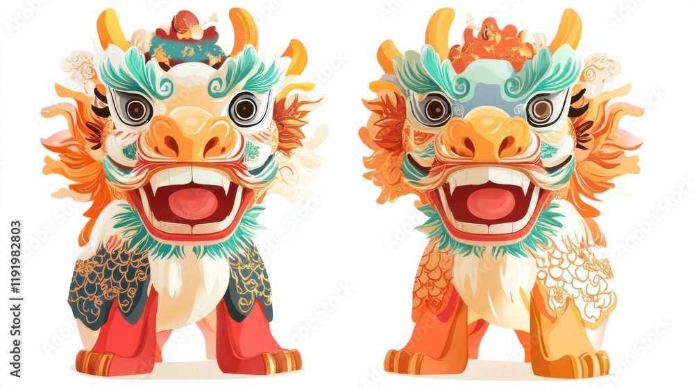 Fototapeta premium A set of Chinese dragon dance icons, showcasing intricate head designs and festive colors, isolated on white