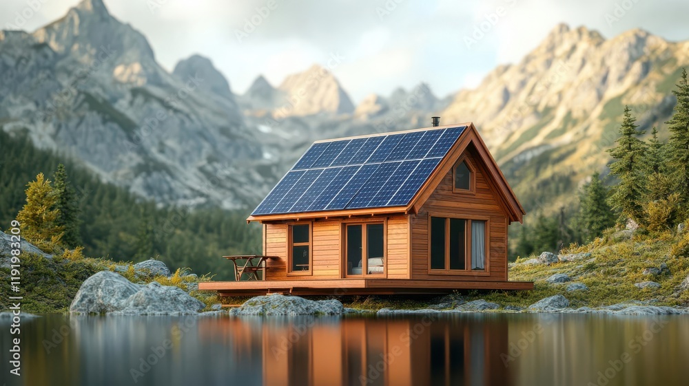 Tiny house, sustainable materials and solar panels, off-grid setting, 3D illustration Tiny house, sustainable materials and solar panels, off-grid setting, 3D illustration