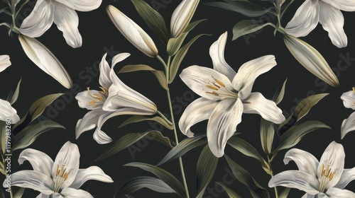 A floral pattern featuring white lilies on a dark background, ideal for textile or wallpaper design.