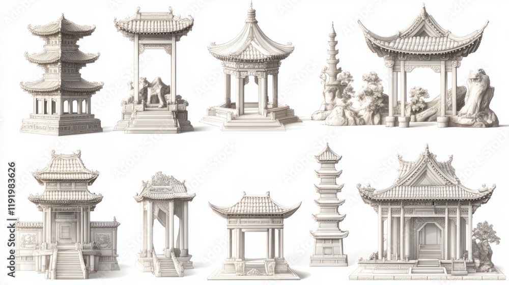 Obraz premium A set of Chinese temple icons, including detailed pagodas and shrines, designed in a classic style, isolated on white