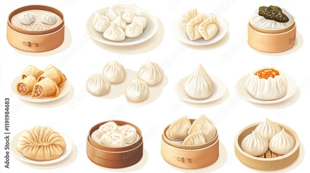 A collection of Chinese dumpling icons, featuring steamed, fried, and soup dumplings, on a clean white backdrop A collection of Chinese dumpling icons, featuring steamed, fried, and soup dumplings, on a clean white backdrop
