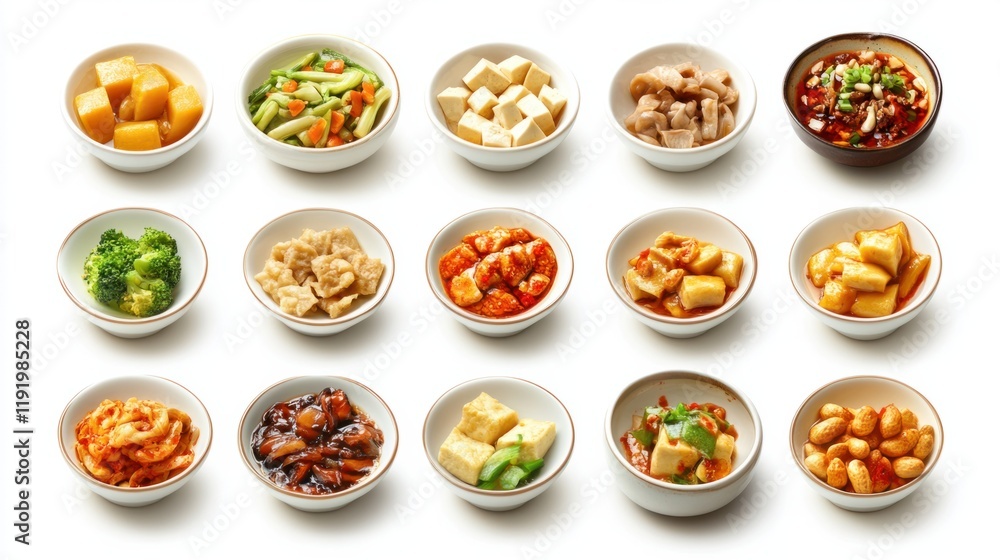 A collection of Chinese side dish icons such as pickled vegetables, spicy tofu, and roasted peanuts, displayed on white A collection of Chinese side dish icons such as pickled vegetables, spicy tofu, and roasted peanuts, displayed on white