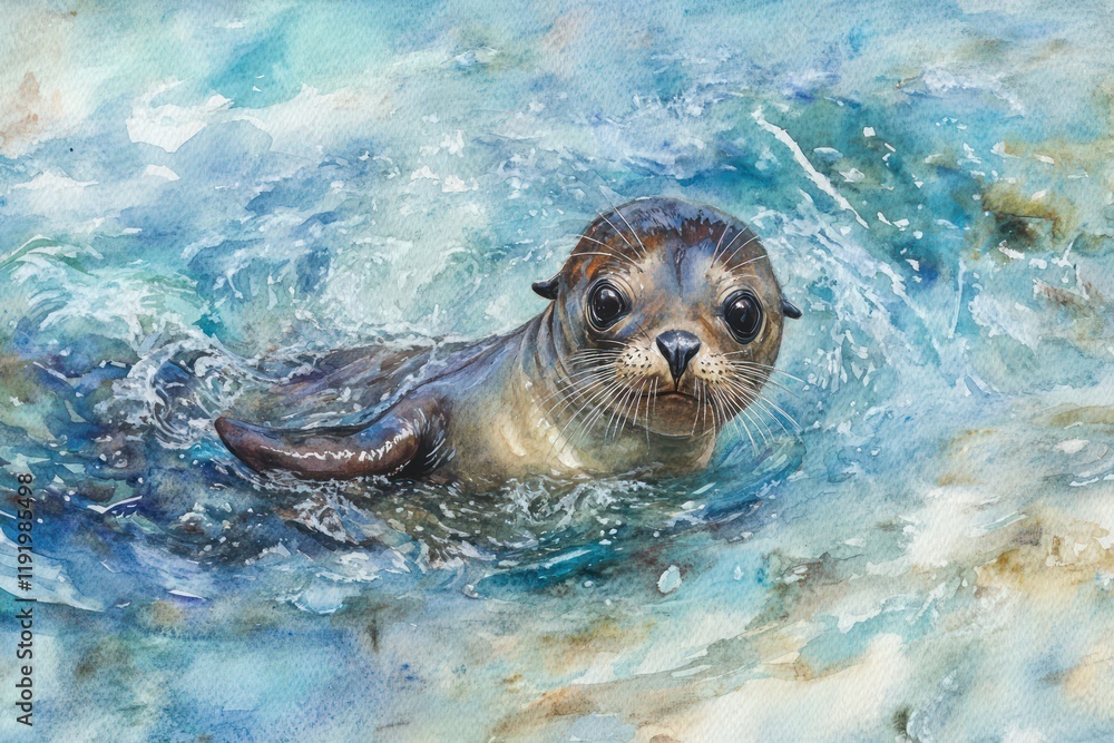 Fototapeta premium Watercolor painting of an adorable baby seal swimming in blue ocean water