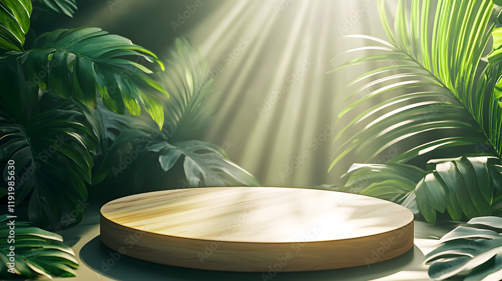 Obraz premium Empty Wooden Round Tray on a Table with Lush Tropical Green Leaves in the Background