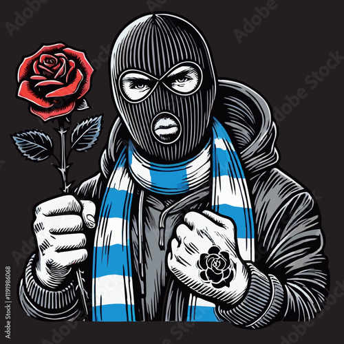 illustration vector graphic of Men Football fans ultras hooligan with blue white scarf and hold a red rose design for logo, t-shirt, etc
