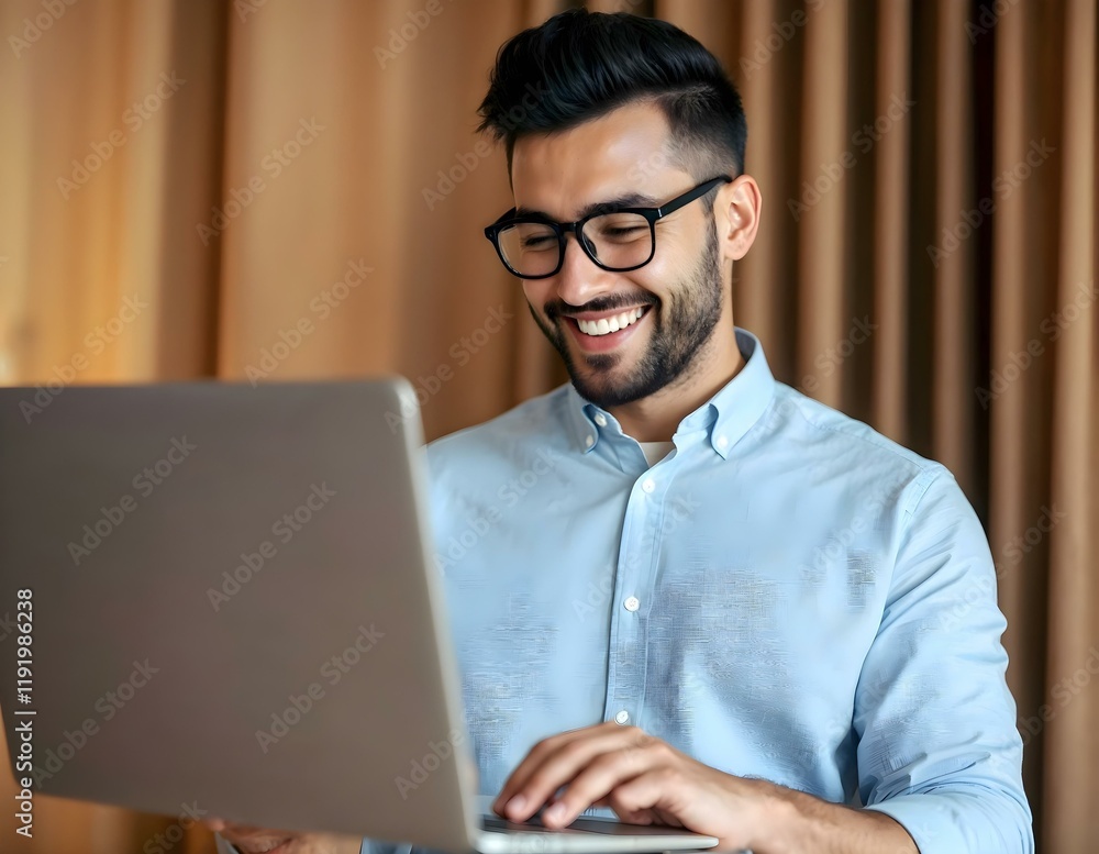 Smiling Professional Man Working on Laptop in Modern Office Setting Smiling Professional Man Working on Laptop in Modern Office Setting