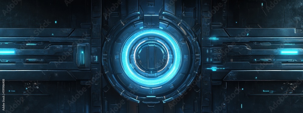 Obraz premium Futuristic Sci Fi Panel Glowing Blue Technology Interface Metal Texture Background
