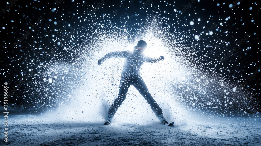 skier moves dynamically through snowstorm, illuminated by bright lights, creating stunning visual effect of snow and motion skier moves dynamically through snowstorm, illuminated by bright lights, creating stunning visual effect of snow and motion
