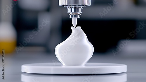 Close-up of 3D printer nozzle depositing material onto a white, organic-shaped object on a circular platform.