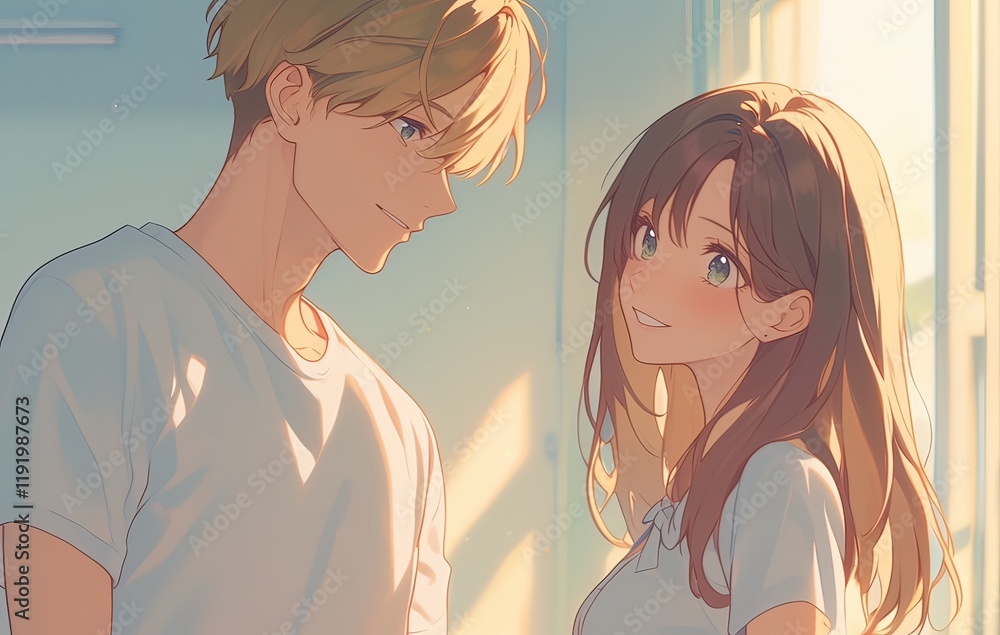 Cute anime-style couple with blond man and brown-haired boyfriend smiling at each other, standing in a cozy, warm setting with light blue and beige background Cute anime-style couple with blond man and brown-haired boyfriend smiling at each other, standing in a cozy, warm setting with light blue and beige background