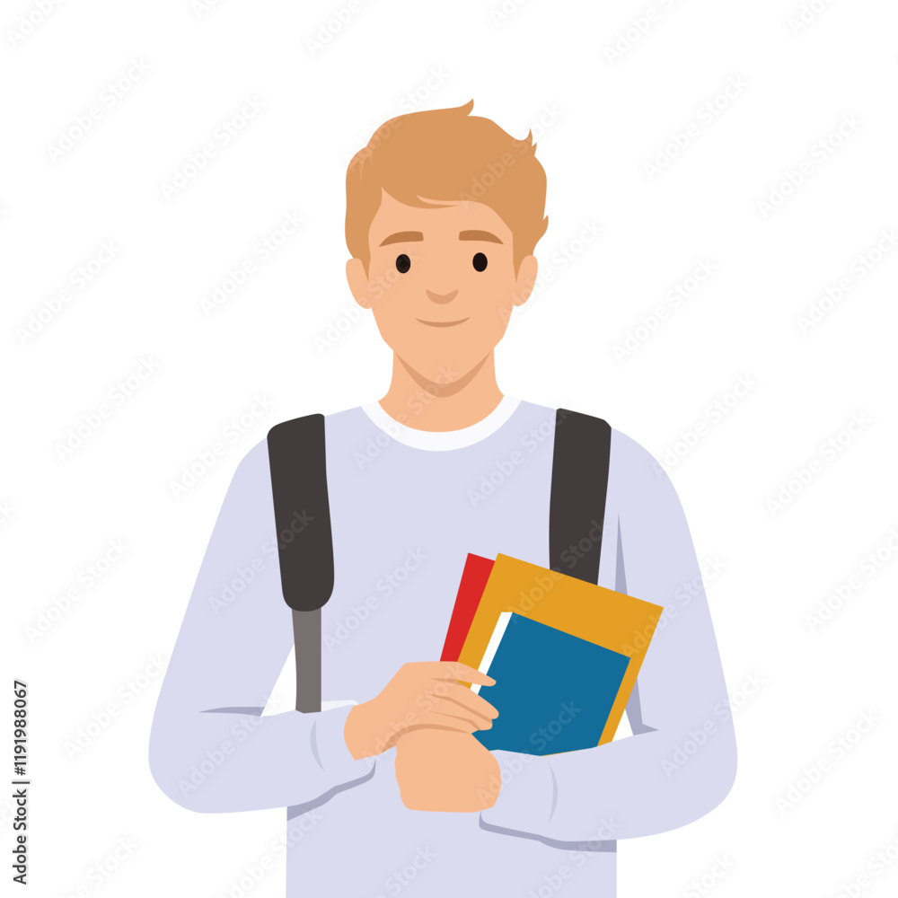 Young man College Student Holding Books. Flat vector illustration isolated on white background Young man College Student Holding Books. Flat vector illustration isolated on white background