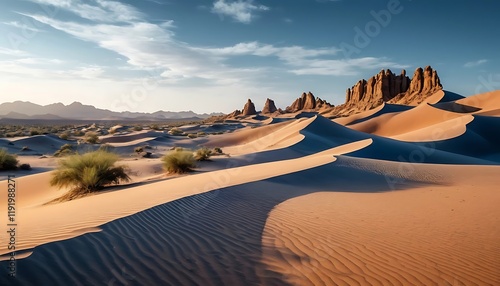 Desert Sandscapes And Majestic Rock Formations Under A Clear Sky photo