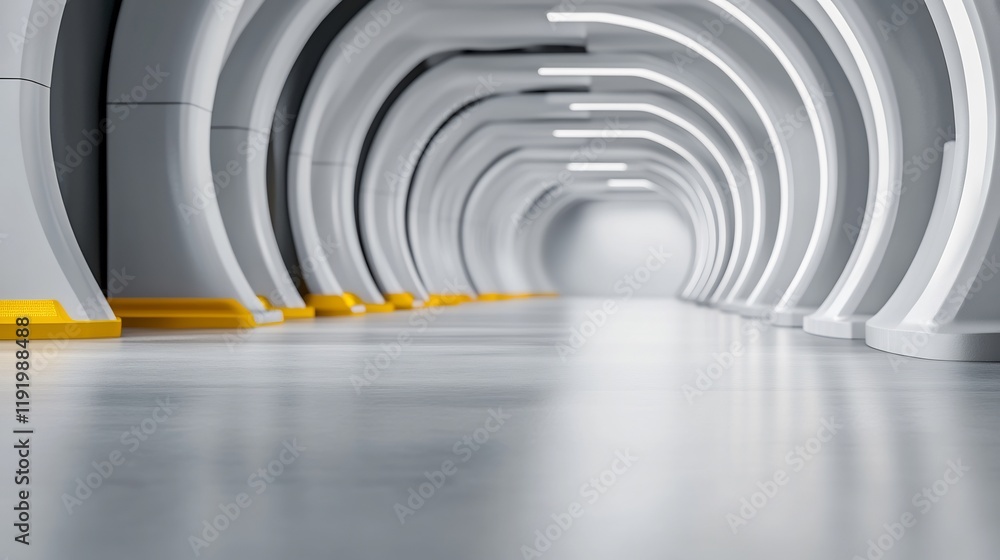 Naklejka premium Futuristic White Tunnel Brightly Lit Modern Architecture. AI Generated