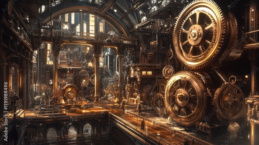 Fototapeta premium A Grand Steampunk Factory: Intricate Gears and Golden Hues