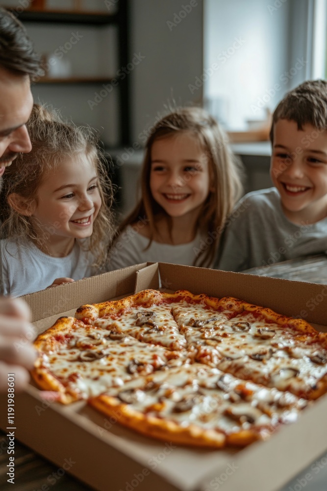 Man and kids admiring pizza Man and kids admiring pizza