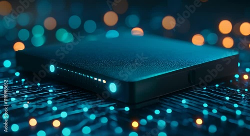 A sleek electronic device surrounded by glowing lights, suggesting technology and connectivity.