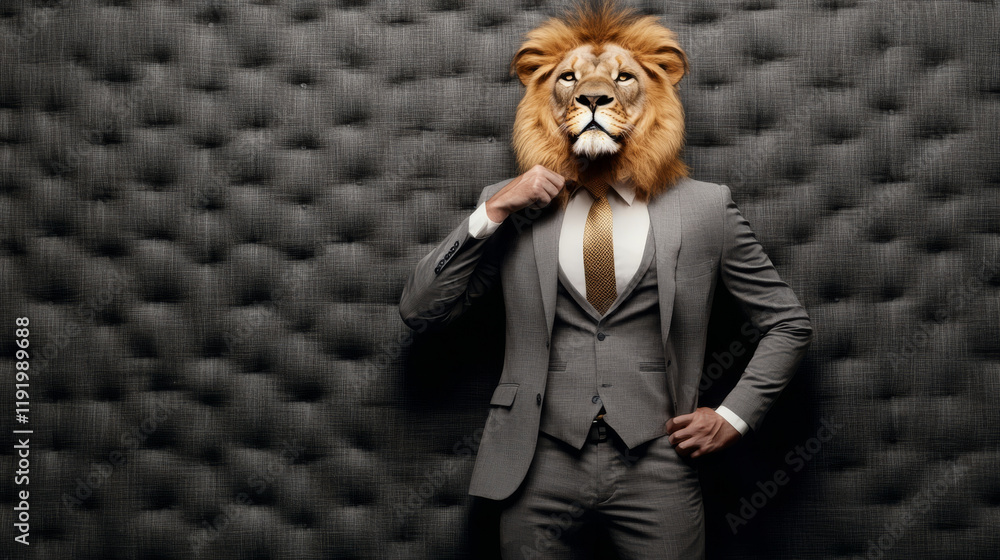 lion in three piece gray suit stands confidently, adjusting his tie against textured gray background. This unique blend of animal and fashion creates striking visual lion in three piece gray suit stands confidently, adjusting his tie against textured gray background. This unique blend of animal and fashion creates striking visual
