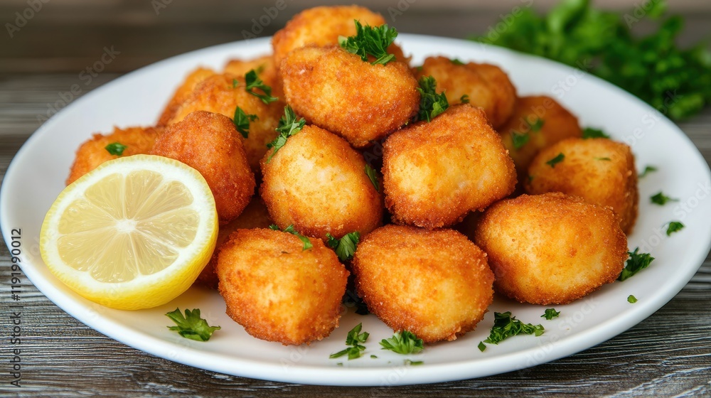 A plate of crispy, golden-brown breaded chicken cutlets garnished with fresh parsley and served with lemon slices. A plate of crispy, golden-brown breaded chicken cutlets garnished with fresh parsley and served with lemon slices.
