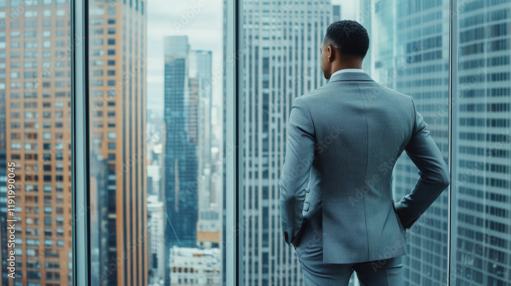 thoughtful young executive in slim fit gray suit gazes out at city skyline from high rise office. view showcases modern buildings and bustling urban landscape thoughtful young executive in slim fit gray suit gazes out at city skyline from high rise office. view showcases modern buildings and bustling urban landscape