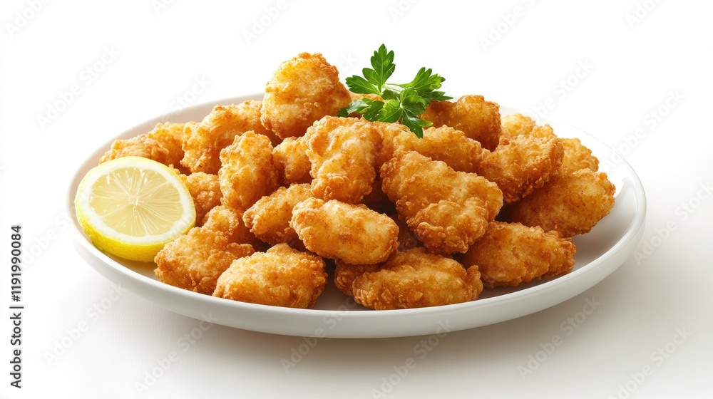 A plate of crispy, golden-brown breaded chicken cutlets garnished with fresh parsley and served with lemon slices. A plate of crispy, golden-brown breaded chicken cutlets garnished with fresh parsley and served with lemon slices.