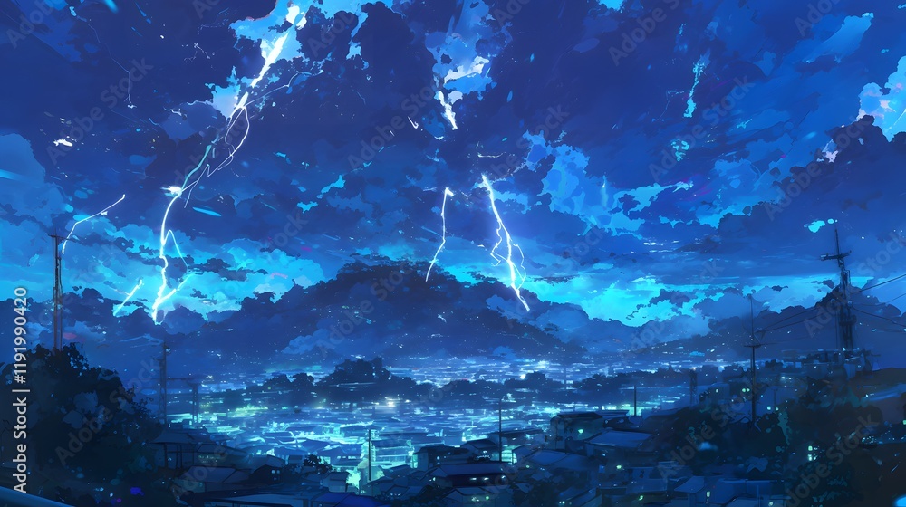 Fototapeta premium Glowing lightning electrifies the night sky, illuminating the surrounding landscape.