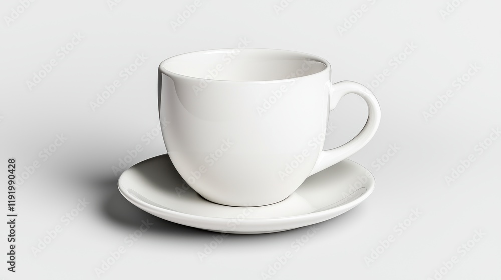 Minimalist White Coffee Cup and Saucer on Neutral Background Minimalist White Coffee Cup and Saucer on Neutral Background