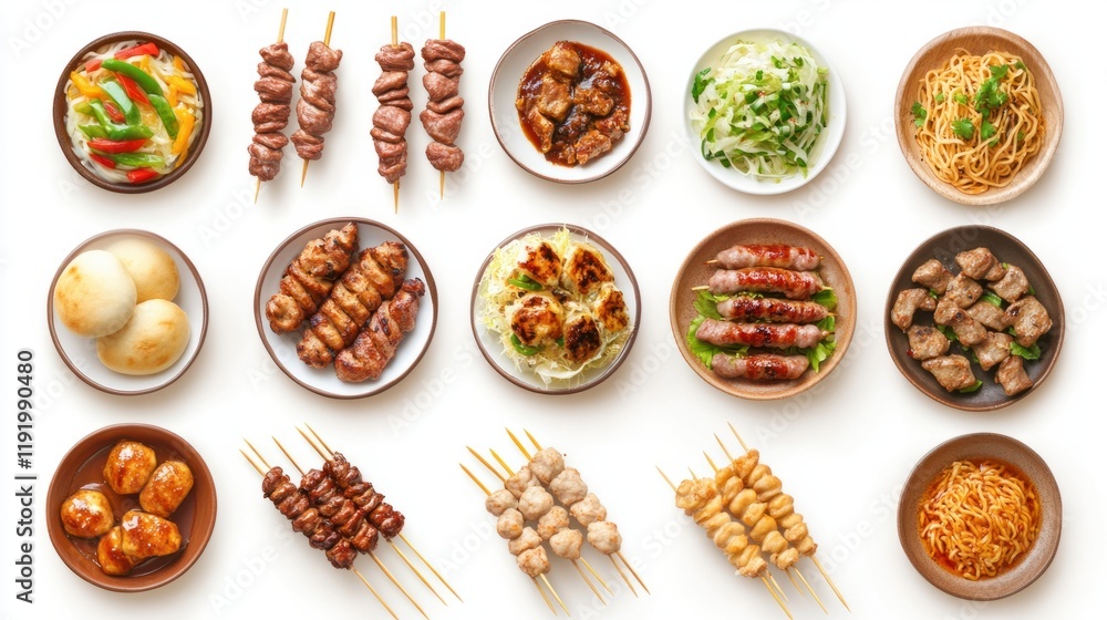 Chinese street food icons such as skewers, fried buns, and spicy noodles, displayed in vibrant colors on white Chinese street food icons such as skewers, fried buns, and spicy noodles, displayed in vibrant colors on white
