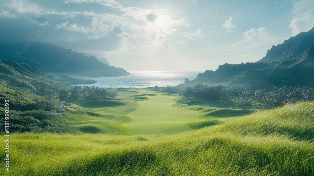 Oceanside golf course with lush green fairways and dramatic mountain backdrop. Perfect for travel, leisure, and golf-related websites and publications. Oceanside golf course with lush green fairways and dramatic mountain backdrop. Perfect for travel, leisure, and golf-related websites and publications.