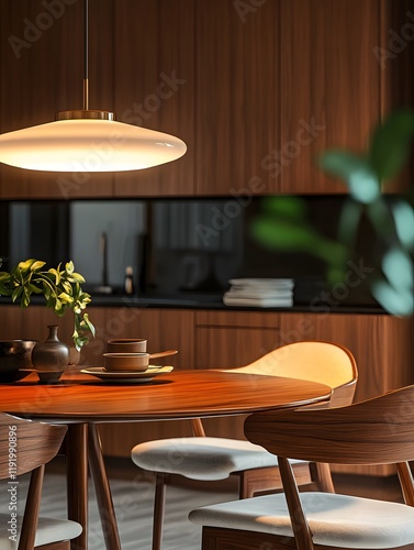Mid-Century Modern Dining Room with Warm Lighting  