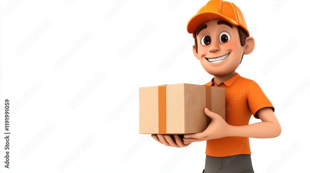 Cheerful Delivery Person Holding a Box in Bright Orange Outfit Cheerful Delivery Person Holding a Box in Bright Orange Outfit