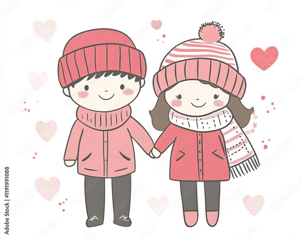 Cute cartoon couple in love clip art, Valentine's Day theme, boy wearing jacket, girl in hat and scarf, holding hands, happy expressions, heart symbol Cute cartoon couple in love clip art, Valentine's Day theme, boy wearing jacket, girl in hat and scarf, holding hands, happy expressions, heart symbol