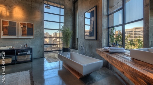 Wallpaper Mural A modern bathroom in a loft, featuring a freestanding tub, concrete walls, and a large window overlooking a cityscape, blending luxury with urban aesthetics. Torontodigital.ca