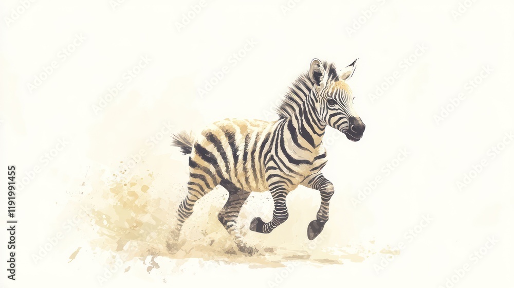 Obraz premium A young zebra foal gallops across a sandy backdrop in a watercolor style illustration