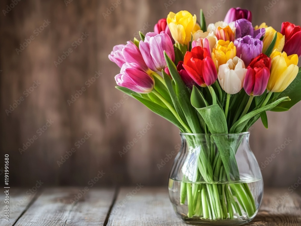 bouquet of colorful flowers in glass vase on wooden table - ai bouquet of colorful flowers in glass vase on wooden table - ai