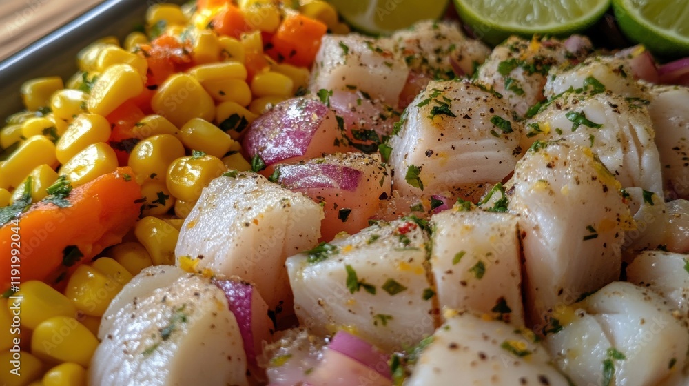 Delicious Peruvian Ceviche with Corn Carrots and Red Onion Delicious Peruvian Ceviche with Corn Carrots and Red Onion