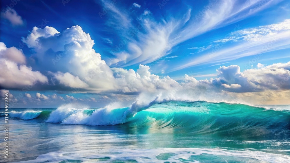 A serene ocean scene with a majestic wave in the foreground, set against a blue sky with white fluffy clouds , calm, sea, calm A serene ocean scene with a majestic wave in the foreground, set against a blue sky with white fluffy clouds , calm, sea, calm