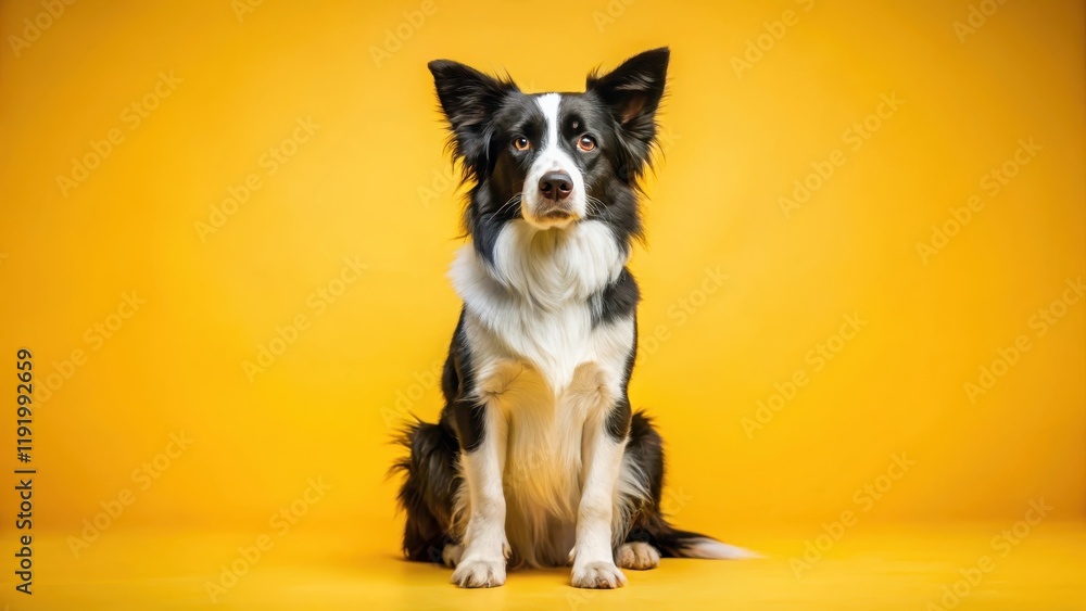 Fototapeta premium Intelligent Border Collie Dog sitting on a vast isolated yellow colored background looking focused and concentrated , herding