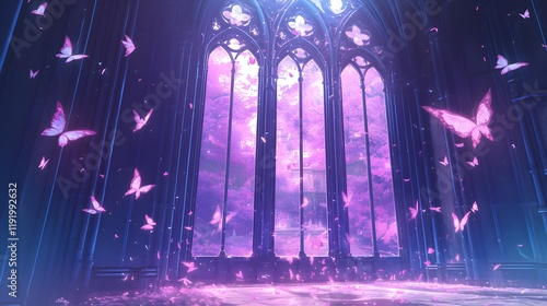 Gothic-style large black door surrounded by pink butterflies, with dark palace hall in the background, creating a mysterious yet beautiful anime aesthetic.