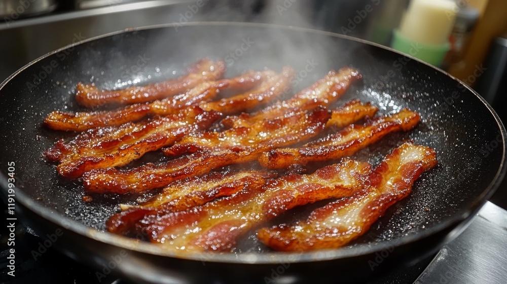 A sizzling pan of crispy bacon strips cooking on a stovetop, with golden-brown edges and the delicious aroma wafting through the kitchen. A sizzling pan of crispy bacon strips cooking on a stovetop, with golden-brown edges and the delicious aroma wafting through the kitchen.