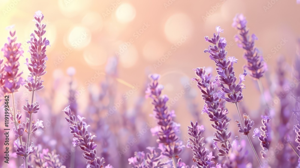 Naklejka premium A serene lavender field with soft bokeh in the background, evoking tranquility and beauty.