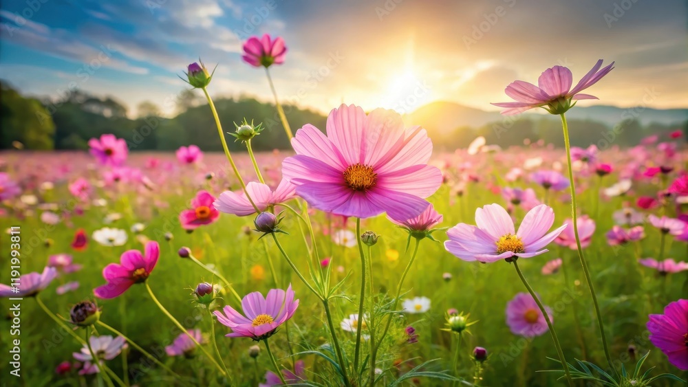 A stunning field of cosmos flowers standing tall in a lush green meadow beneath a warm sun shining down on them with a hint of a breeze rustling the petals , cosmic flower, grassy field A stunning field of cosmos flowers standing tall in a lush green meadow beneath a warm sun shining down on them with a hint of a breeze rustling the petals , cosmic flower, grassy field